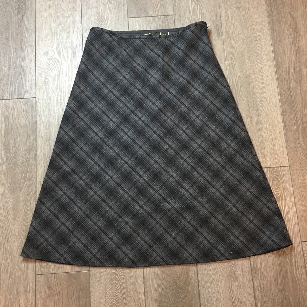 Eddie Bauer Wool Blend Grey‎ Plaid A-Line Midi Skirt Size 14